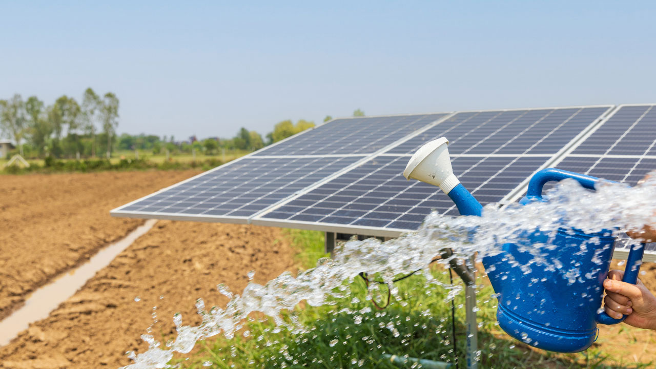 Water flowing in front of solar panel