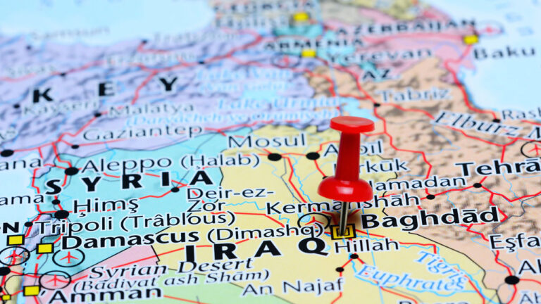 Baghdad Iraq pinned on a world map