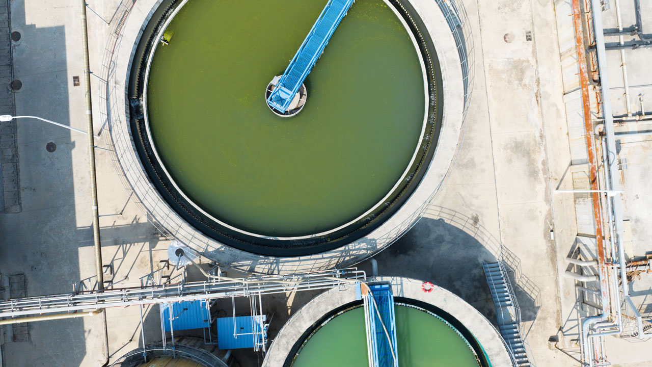 An aerial view of a water treatment plant