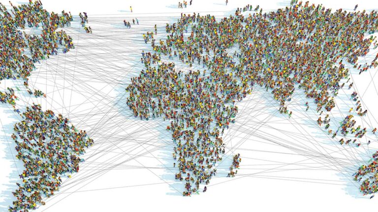 A 3D illustration of a world map consisting of thousands of people connected with lines