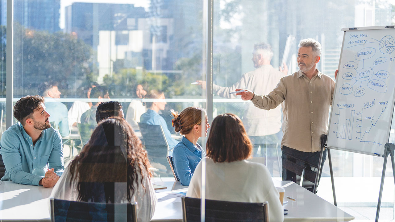 Business professional presenting to a team with a whiteboard